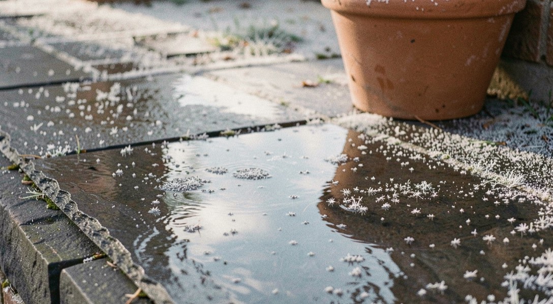 Soglia esterna in ardesia scura coperta da una sottile brina del mattino, con una lastra bagnata che riflette il cielo e un vaso di terracotta accanto