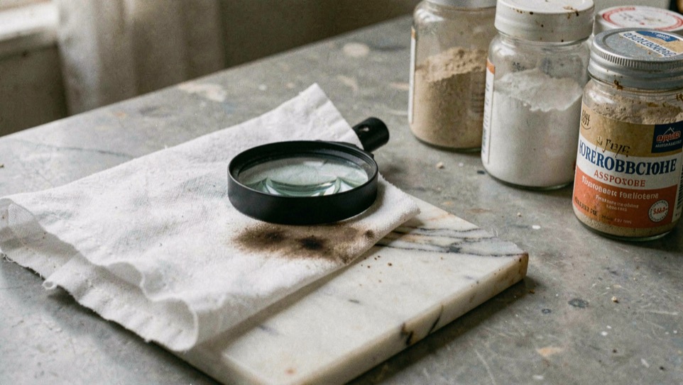 Un piatto doccia in gres chiaro con una macchia di calcare biancastra vicino al soffione, fotografato in luce naturale laterale da un’altezza di circa un metro, con una spugna e un flacone senza etichetta sul bordo.