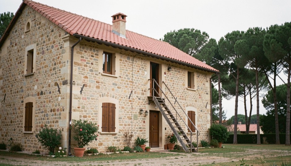 Casa di pietra a due piani con tetto di coppi rosati, scala esterna in ferro, imposte in legno e pini sullo sfondo