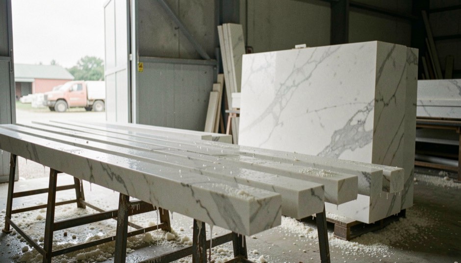 Lastre di marmo bianco appena segate e ancora bagnate, allineate su cavalletti d’acciaio in una segheria accanto a un grande blocco squadrato, luce grigia dal portone