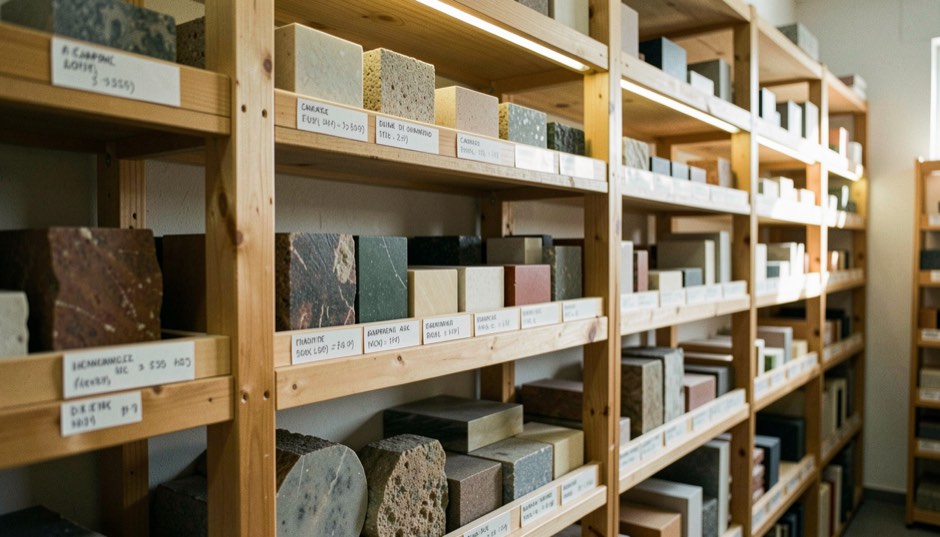Banco di lavoro in marmo in un’officina artigiana, con scalpelli, mole e un blocco di Carrara appoggiato, luce naturale laterale da una finestra alta, inquadratura a mezzo busto che include gli attrezzi e le mani dell’operatore fuori fuoco.