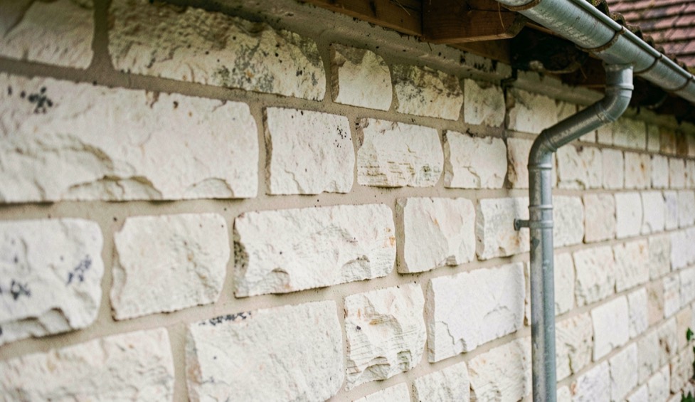 Muro in pietra calcarea chiara sotto la grondaia, con un pluviale in zinco che scende lungo la facciata e qualche macchia scura sui blocchi