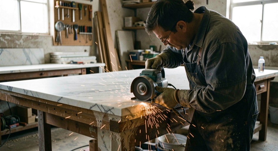 Un tavolo da cantiere in legno grezzo con un alvará stampato, un preventivo aperto e una matita, luce naturale laterale di prima mattina, sfondo di ponteggio metallico fuori fuoco.