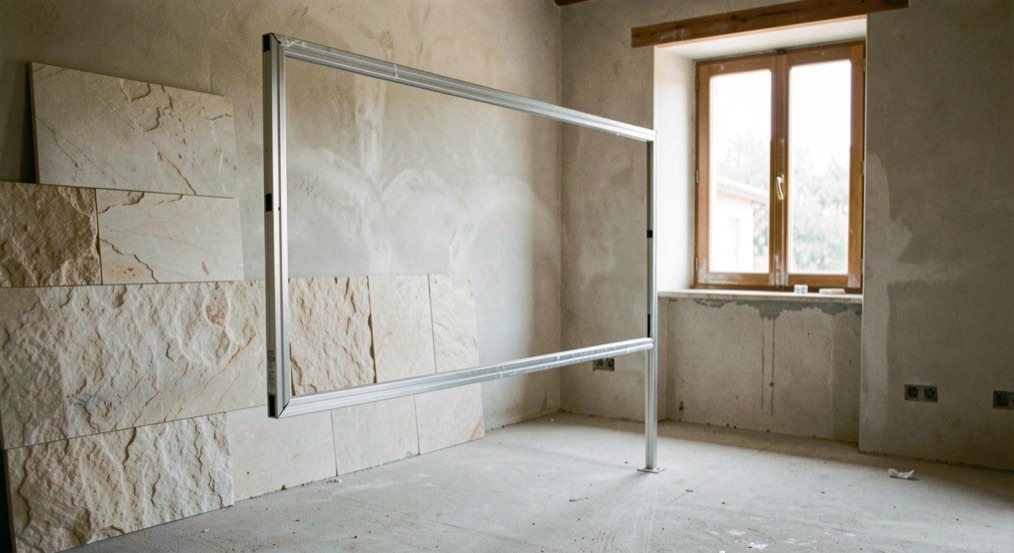 Stanza in ristrutturazione con lastre di pietra chiara appoggiate al muro, una staggia di alluminio in primo piano e una finestra in legno sul fondo