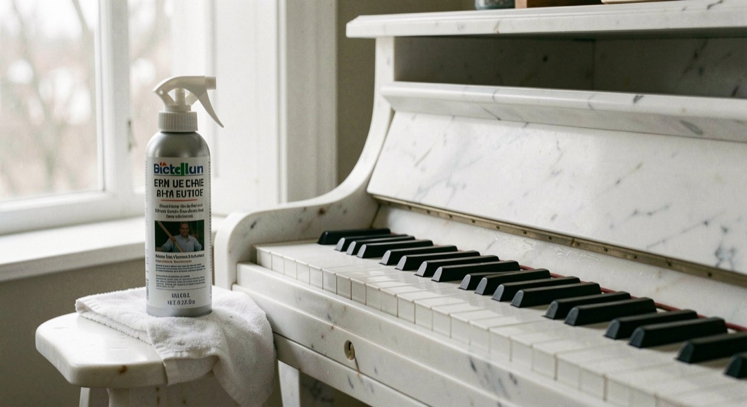 Piano in marmo bianco appena lavato con panno in microfibra e spray a pH neutro appoggiato vicino a una finestra luminosa