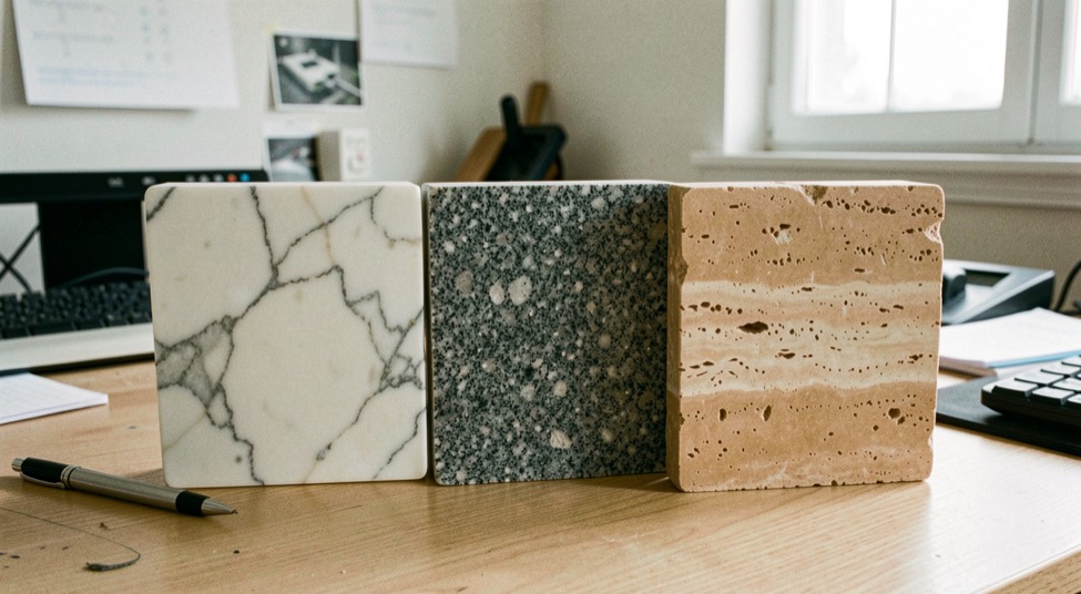Tre campioni di pietra affiancati, marmo bianco venato, granito grigio scuro e travertino nocciola, su un tavolo da ufficio tecnico